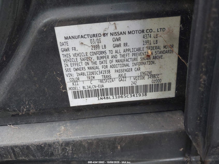 1N4BL11D65C341938 2005 NISSAN ALTIMA photo no. 9