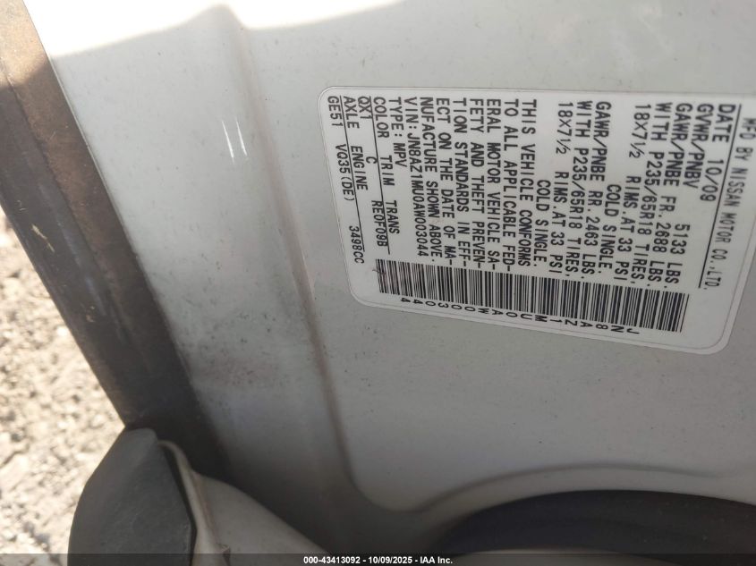 2010 Nissan Murano Sl VIN: JN8AZ1MU0AW003044 Lot: 43413092