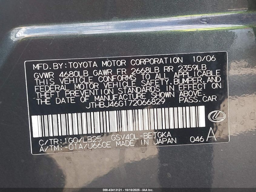 2007 Lexus Es 350 VIN: JTHBJ46G172066829 Lot: 43413121