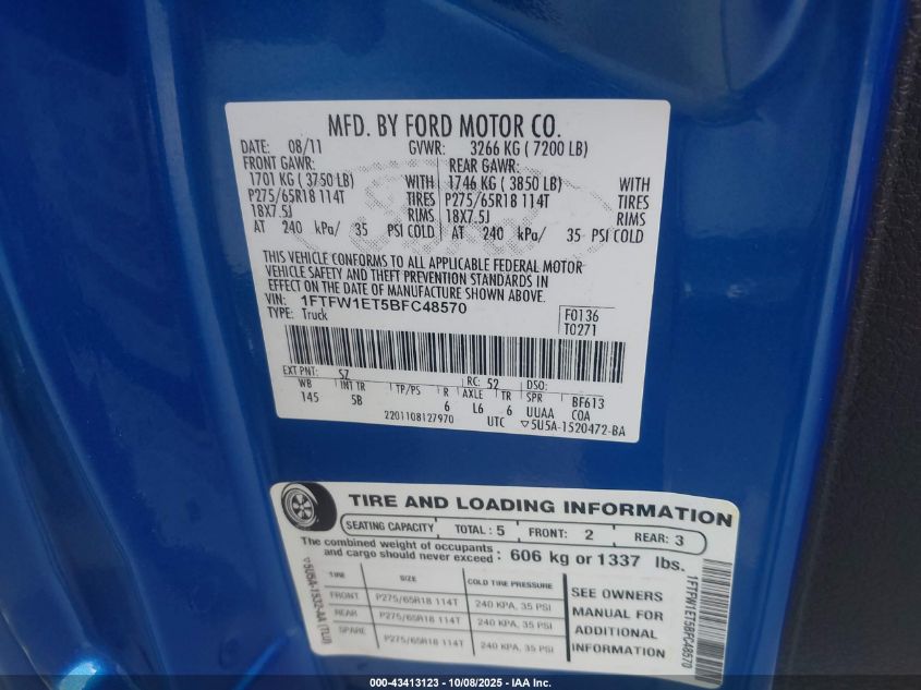 2011 Ford F-150 Fx4 VIN: 1FTFW1ET5BFC48570 Lot: 43413123