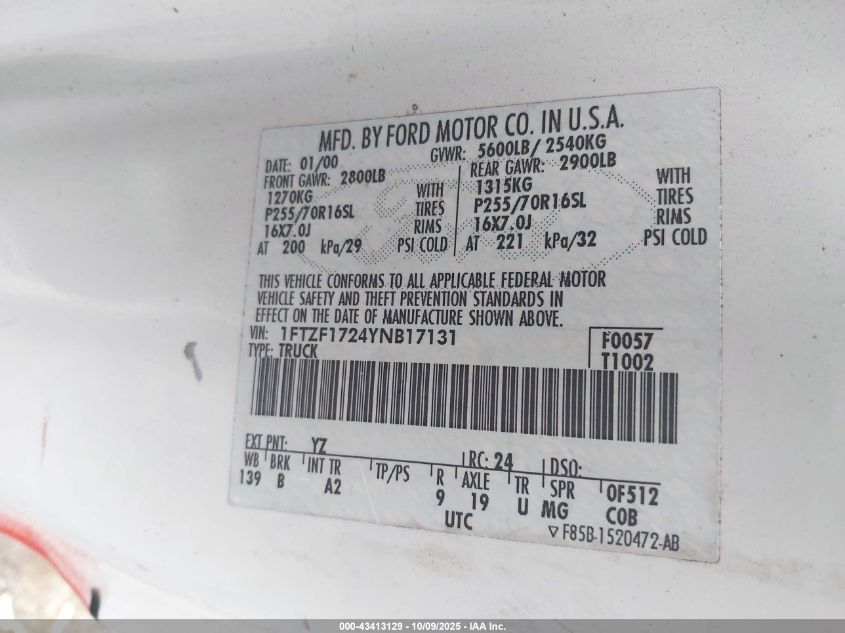 2000 Ford F-150 Work Series/Xl/Xlt VIN: 1FTZF1724YNB17131 Lot: 43413129