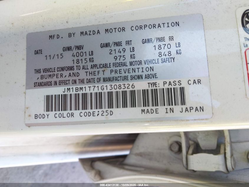 2016 Mazda Mazda3 I Sport VIN: JM1BM1T71G1308326 Lot: 43413138