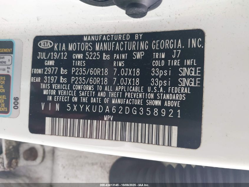 2013 Kia Sorento Ex VIN: 5XYKUDA62DG358921 Lot: 43413145