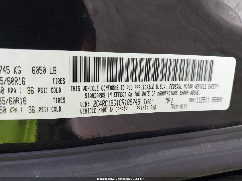 2012 Chrysler Town & Country Touring VIN: 2C4RC1BG1CR189749 Lot: 43413148