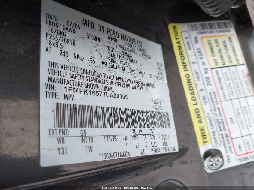 2007 Ford Expedition El Xlt VIN: 1FMFK16577LA00305 Lot: 43413155