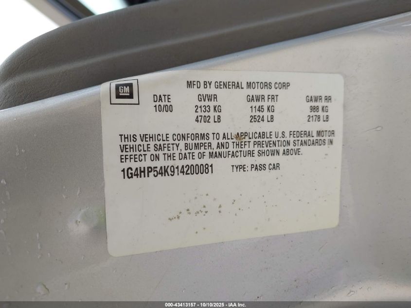 2001 Buick Lesabre Custom VIN: 1G4HP54K914200081 Lot: 43413157