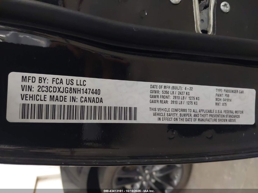 2022 Dodge Charger Sxt Awd VIN: 2C3CDXJG8NH147440 Lot: 43413161