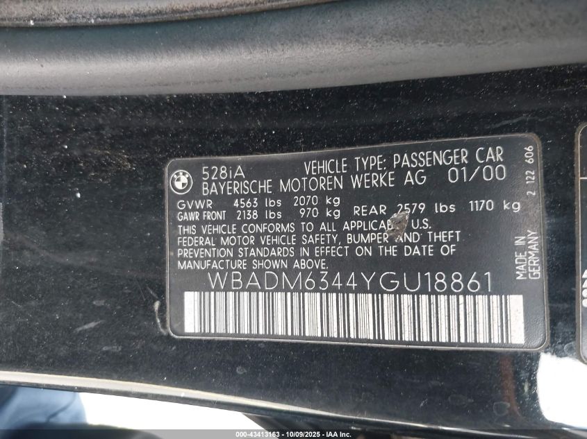 2000 BMW 528Ia VIN: WBADM6344YGU18861 Lot: 43413163