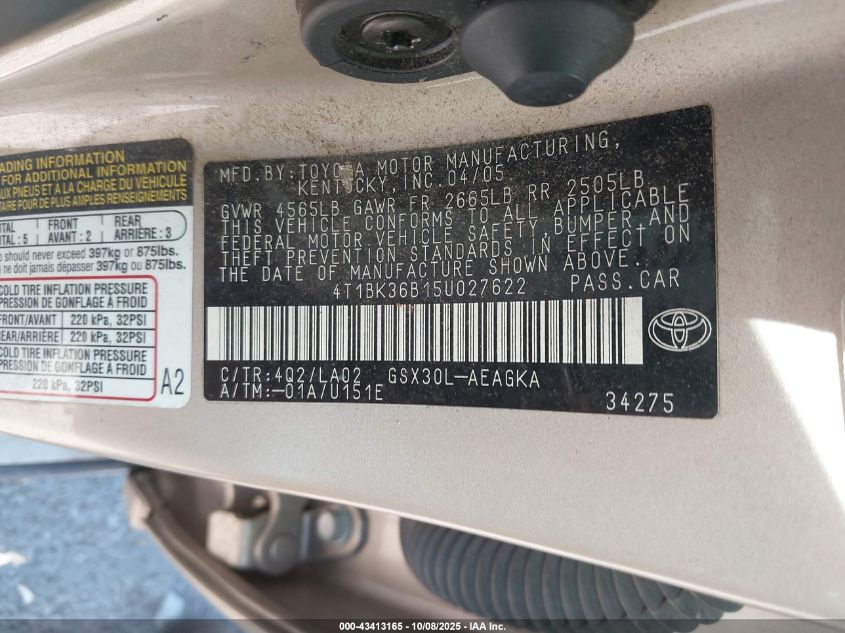 2005 Toyota Avalon Xls VIN: 4T1BK36B15U027622 Lot: 43413165