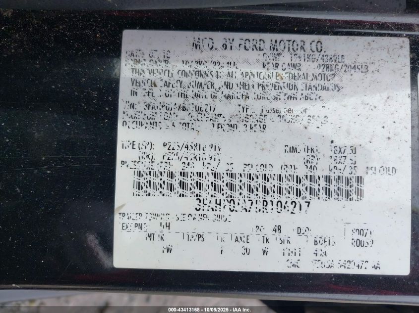 2011 Ford Fusion Sel VIN: 3FAHP0JA7BR106217 Lot: 43413168