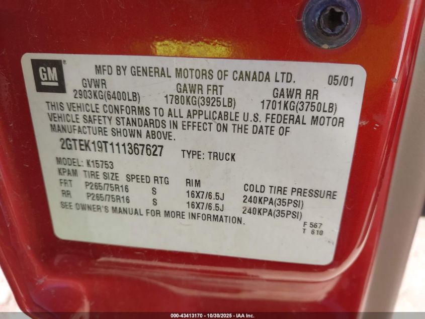 2001 GMC Sierra 1500 Sle VIN: 2GTEK19T111367627 Lot: 43413170