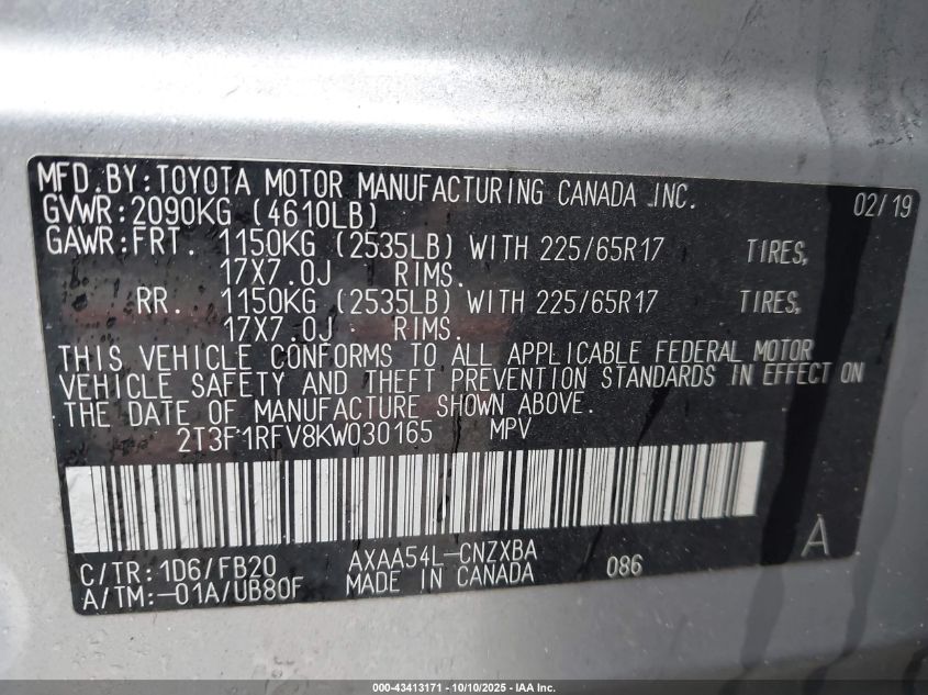 2019 Toyota Rav4 Le VIN: 2T3F1RFV8KW030165 Lot: 43413171