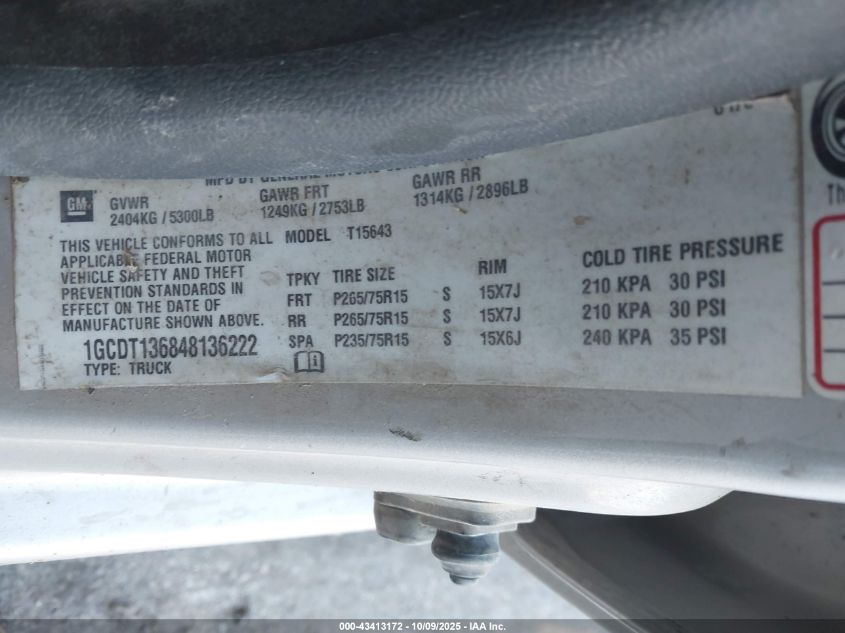 2004 Chevrolet Colorado Ls VIN: 1GCDT136848136222 Lot: 43413172