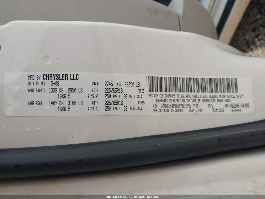 2008 Chrysler Town & Country Touring VIN: 2A8HR54P88R783575 Lot: 43413195