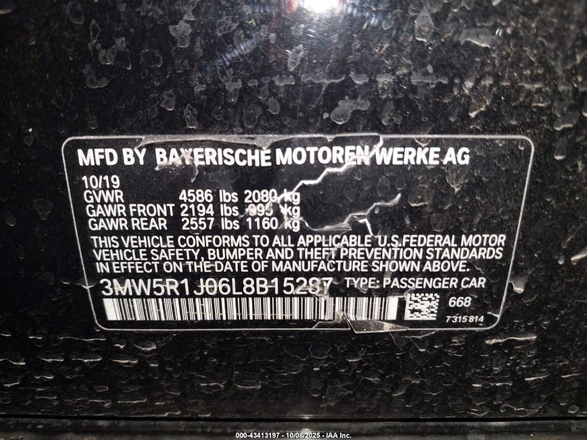 2020 BMW 330I VIN: 3MW5R1J06L8B15287 Lot: 43413197