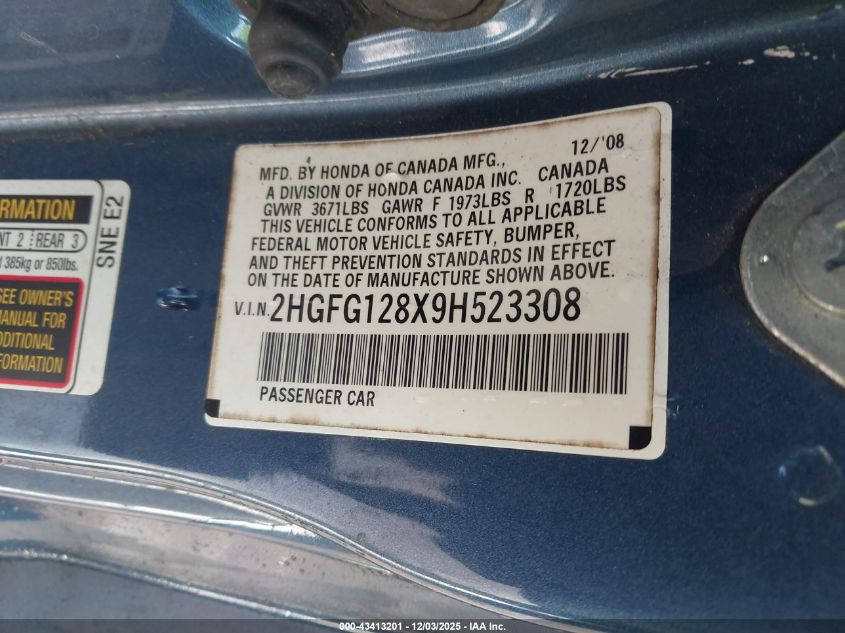 2009 Honda Civic Ex VIN: 2HGFG128X9H523308 Lot: 43413201