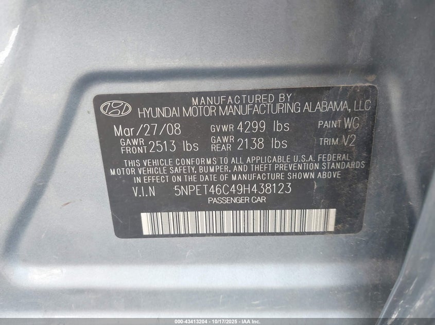 5NPET46C49H438123 2009 HYUNDAI SONATA photo no. 9