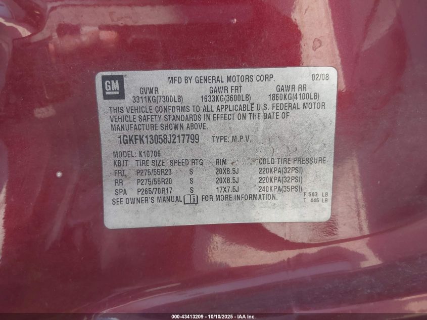 2008 GMC Yukon Slt VIN: 1GKFK13058J217799 Lot: 43413209