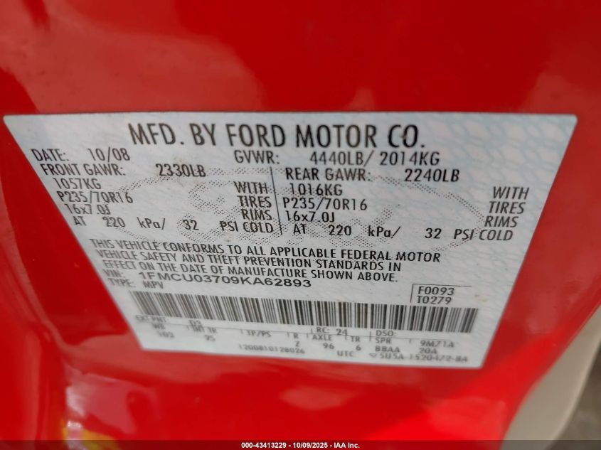 2009 Ford Escape Xlt VIN: 1FMCU03709KA62893 Lot: 43413229