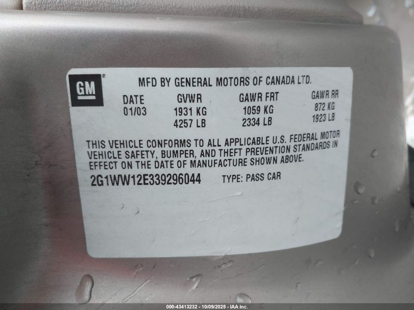 2003 Chevrolet Monte Carlo Ls VIN: 2G1WW12E339296044 Lot: 43413232