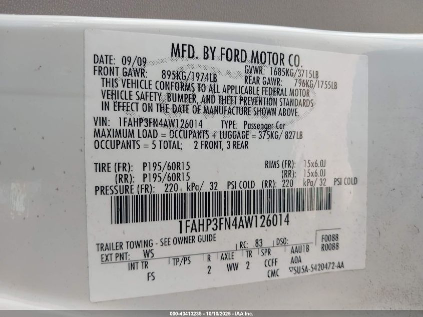 2010 Ford Focus Se VIN: 1FAHP3FN4AW126014 Lot: 43413235