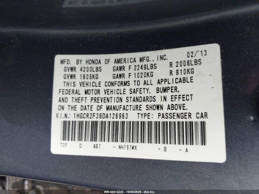 2013 Honda Accord Lx VIN: 1HGCR2F36DA126963 Lot: 43413243