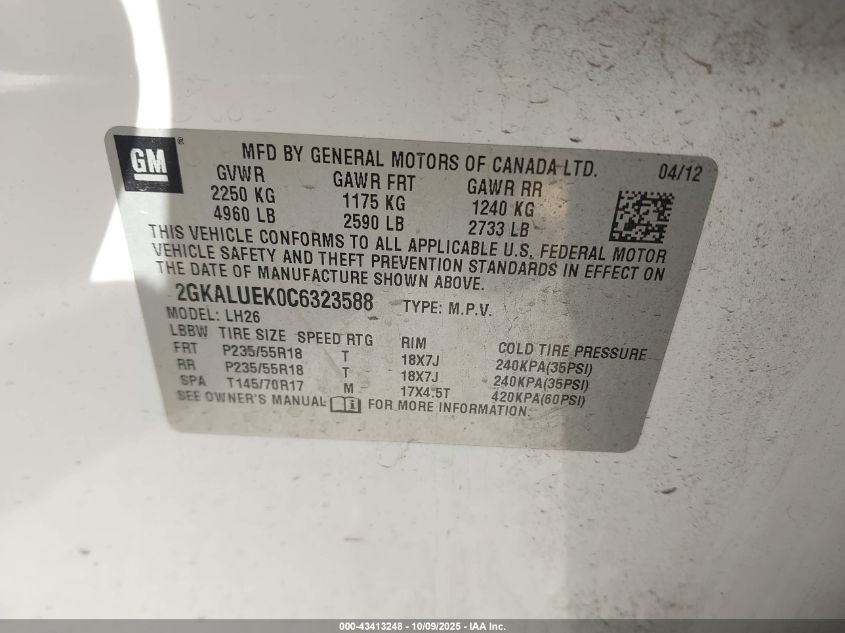 2012 GMC Terrain Slt-1 VIN: 2GKALUEK0C6323588 Lot: 43413248