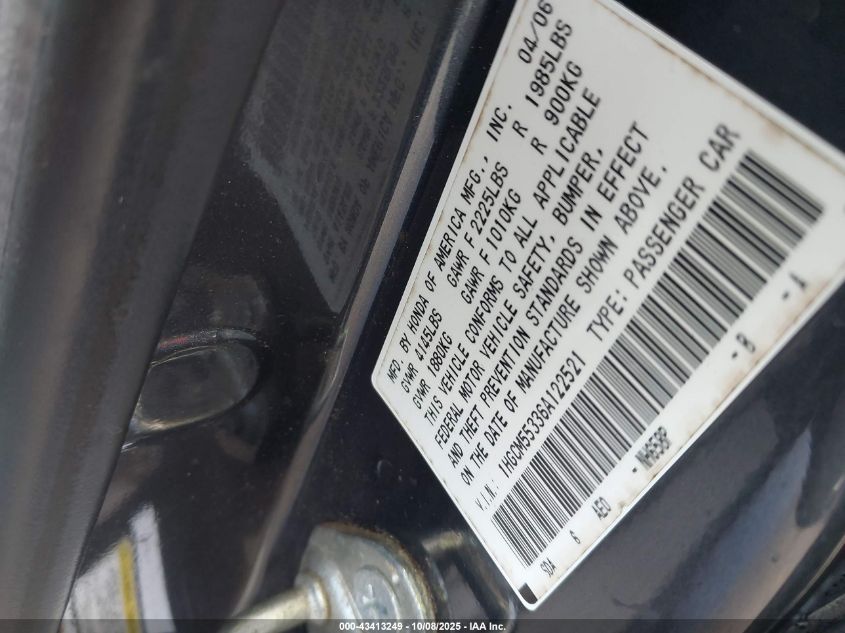 2006 Honda Accord 2.4 Se VIN: 1HGCM55336A122521 Lot: 43413249
