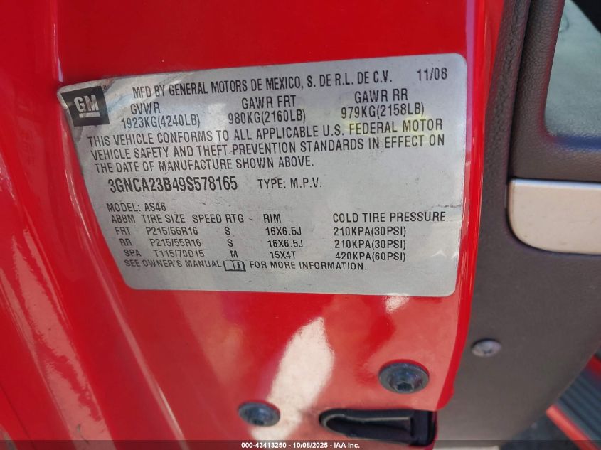 2009 Chevrolet Hhr Lt VIN: 3GNCA23B49S578165 Lot: 43413250