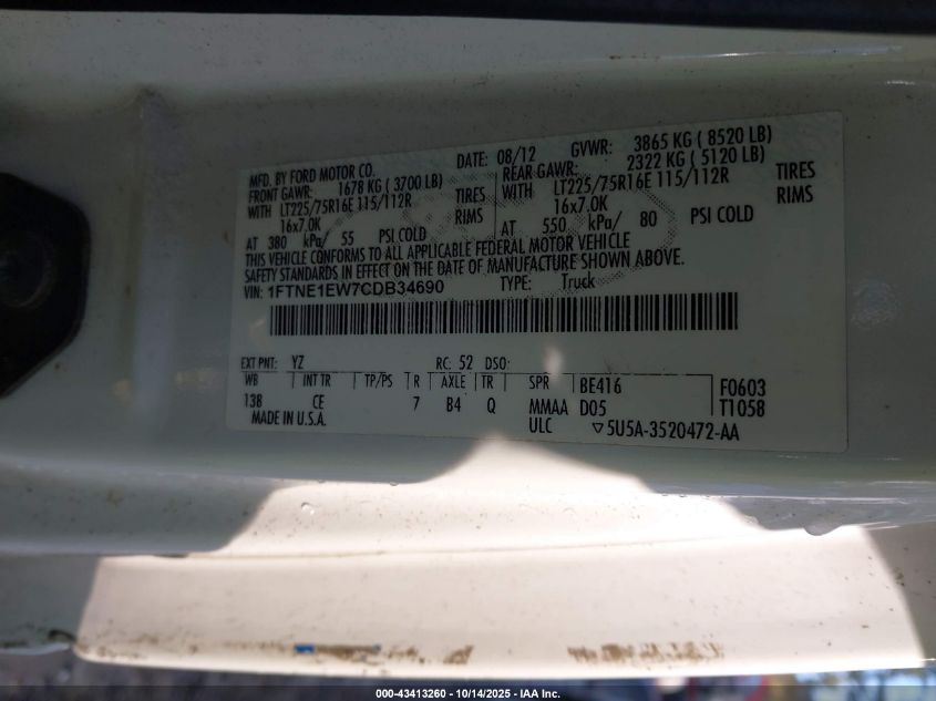 2012 Ford E-150 Commercial VIN: 1FTNE1EW7CDB34690 Lot: 43413260