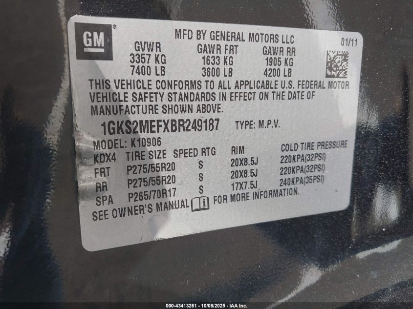 2011 GMC Yukon Xl 1500 Denali VIN: 1GKS2MEFXBR249187 Lot: 43413261