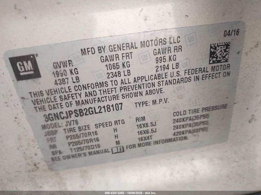 2016 Chevrolet Trax Lt VIN: 3GNCJPSB2GL218107 Lot: 43413262