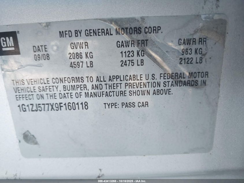 2009 Chevrolet Malibu Lt VIN: 1G1ZJ577X9F160118 Lot: 43413268