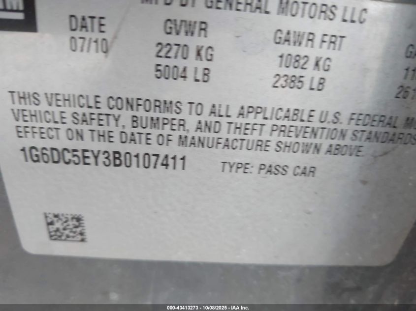 2011 Cadillac Cts Standard VIN: 1G6DC5EY3B0107411 Lot: 43413273