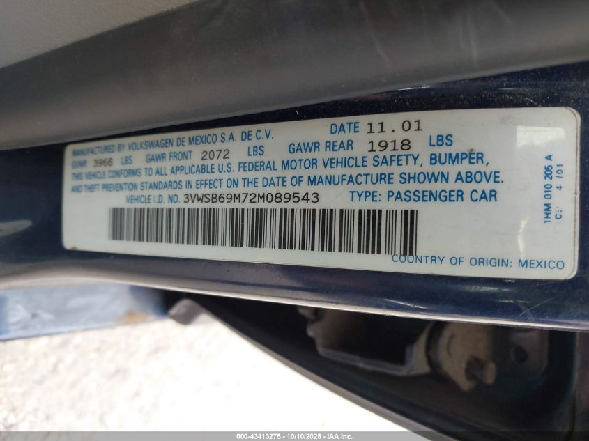 2002 Volkswagen Jetta Gls VIN: 3VWSB69M72M089543 Lot: 43413275