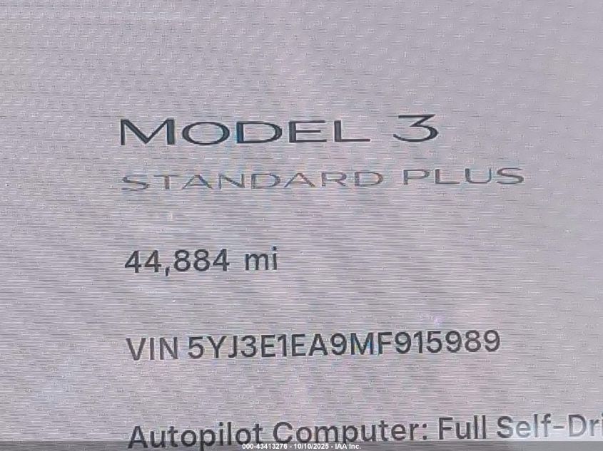 2021 Tesla Model 3 Standard Range Plus Rear-Wheel Drive VIN: 5YJ3E1EA9MF915989 Lot: 43413276