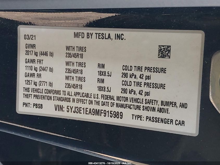 2021 Tesla Model 3 Standard Range Plus Rear-Wheel Drive VIN: 5YJ3E1EA9MF915989 Lot: 43413276