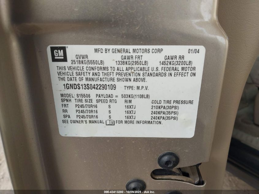 2004 Chevrolet Trailblazer Ls VIN: 1GNDS13S042290109 Lot: 43413280