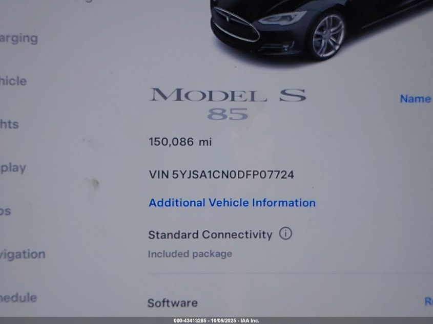 2013 Tesla Model S VIN: 5YJSA1CN0DFP07724 Lot: 43413285
