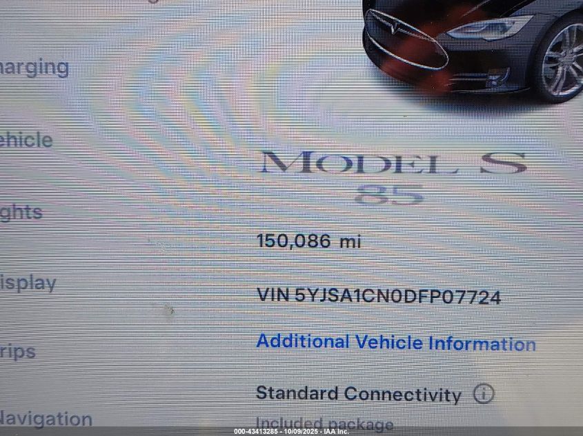2013 Tesla Model S VIN: 5YJSA1CN0DFP07724 Lot: 43413285