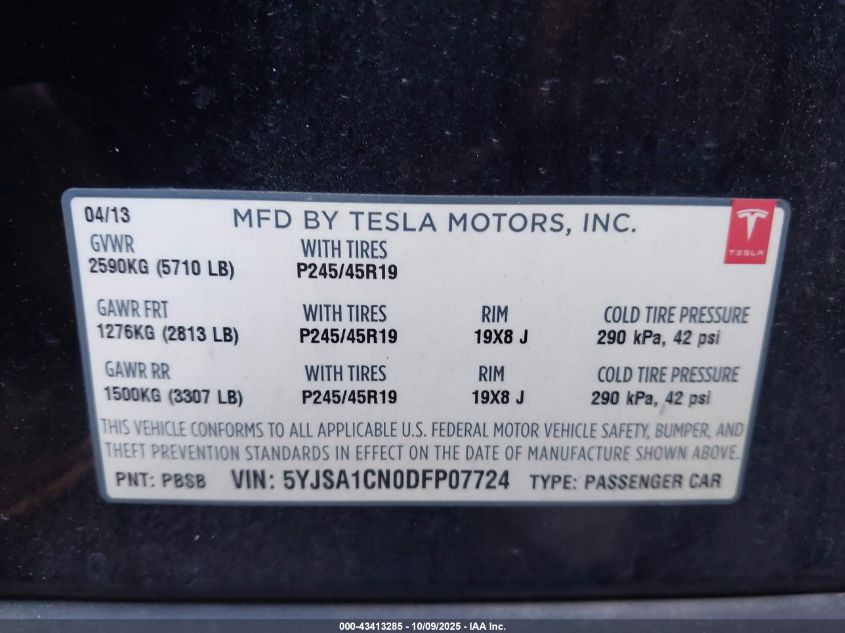 2013 Tesla Model S VIN: 5YJSA1CN0DFP07724 Lot: 43413285