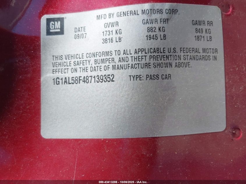2008 Chevrolet Cobalt Lt VIN: 1G1AL58F487139352 Lot: 43413286