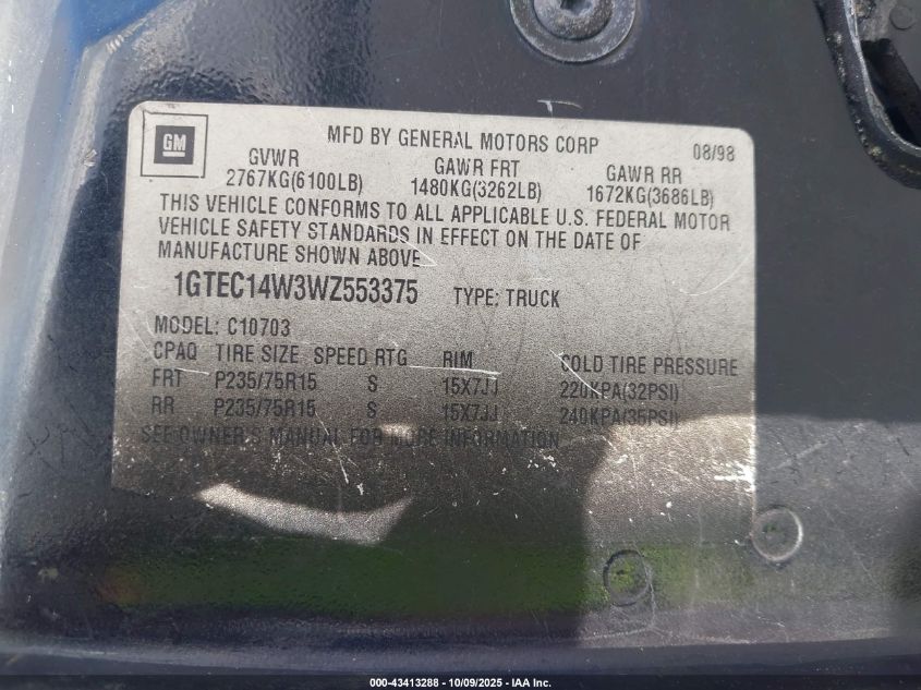 1998 GMC Sierra 1500 Sl Wideside VIN: 1GTEC14W3WZ553375 Lot: 43413288