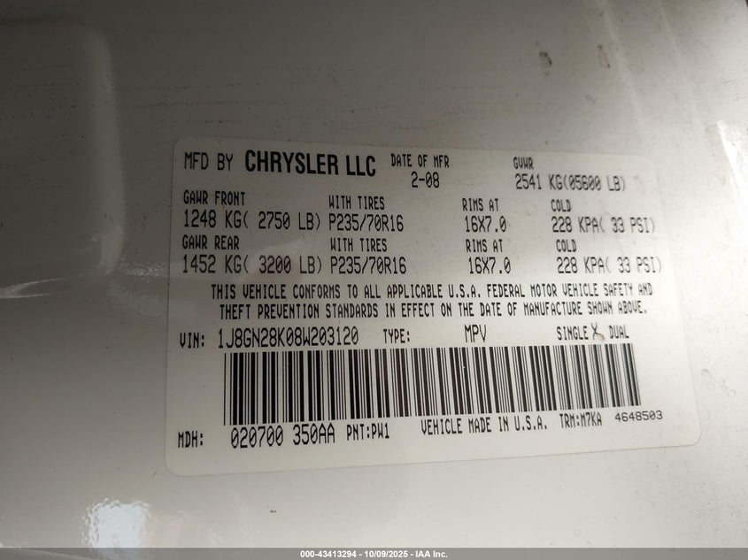 1J8GN28K08W203120 2008 JEEP LIBERTY (NORTH AMERICA) photo no. 9