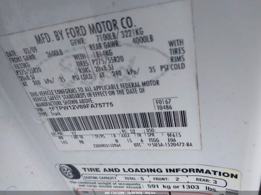 2009 Ford F-150 Platinum VIN: 1FTPW12V69FA75775 Lot: 43413296