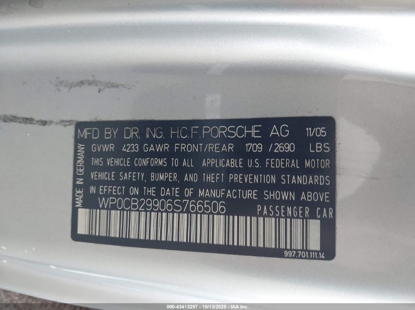 2006 Porsche 911 Carrera 4S/Carrera S VIN: WP0CB29906S766506 Lot: 43413297