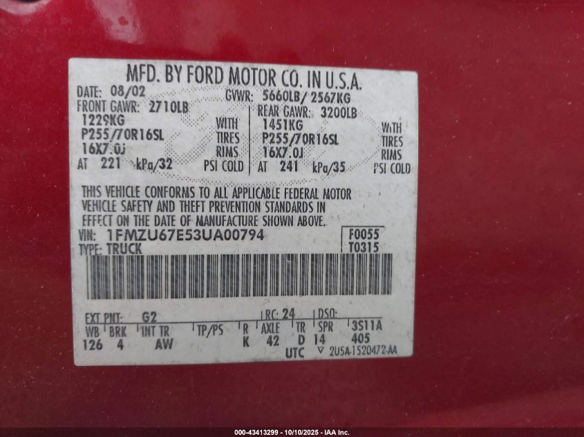 2003 Ford Explorer Sport Trac Xls/Xlt VIN: 1FMZU67E53UA00794 Lot: 43413299