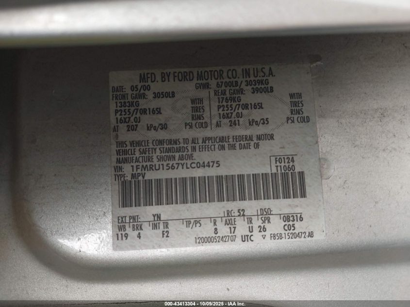 2000 Ford Expedition Xlt VIN: 1FMRU1567YLC04475 Lot: 43413304