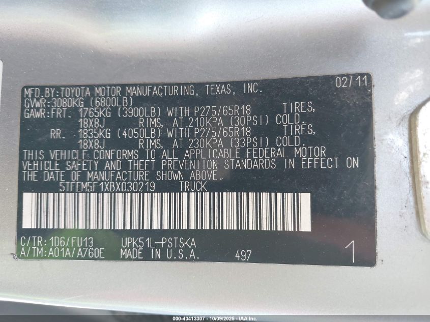 2011 Toyota Tundra Grade 4.6L V8 VIN: 5TFEM5F1XBX030219 Lot: 43413307