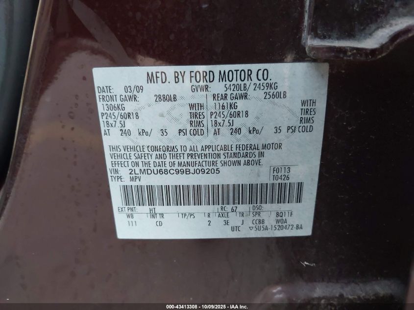 2009 Lincoln Mkx VIN: 2LMDU68C99BJ09205 Lot: 43413308